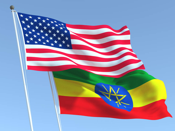 Δύο κυματιστές σημαίες των Ηνωμένων Πολιτειών και της Αιθιοπίας στον γαλάζιο ουρανό. Υψηλής ποιότητας επιχειρηματικό υπόβαθρο. 3D εικονογράφηση - Φωτογραφία, εικόνα