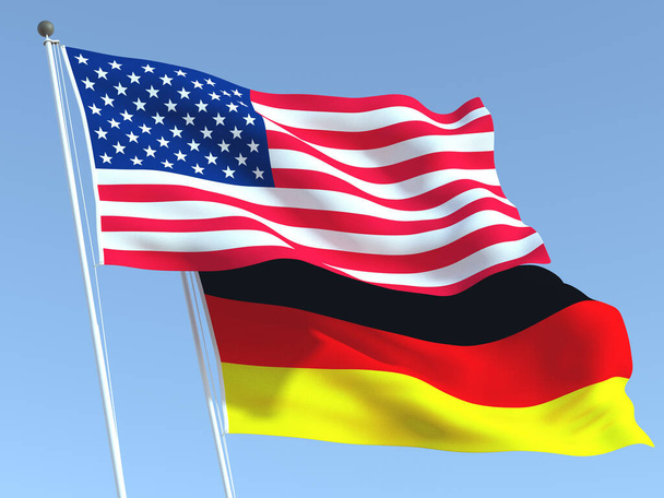 Два размахивающих государственными флагами США и Германии на голубом небе. Высококачественный бизнес-фон. 3d иллюстрация - Фото, изображение