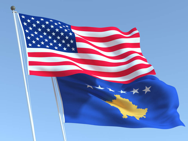 Dos banderas estatales ondeando de Estados Unidos y Kosovo en el cielo azul. Fondo de negocio de alta calidad. ilustración 3d - Foto, Imagen