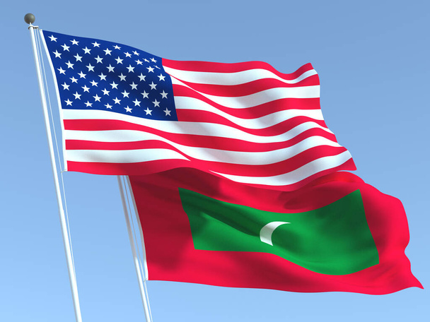 Dos banderas estatales ondeando de Estados Unidos y Maldivas en el cielo azul. Fondo de negocio de alta calidad. ilustración 3d - Foto, imagen