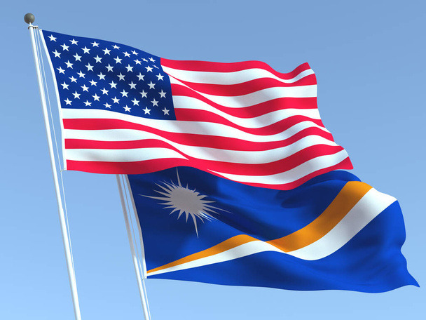 Dos banderas estatales ondeando de Estados Unidos y las Islas Marshall en el cielo azul. Fondo de negocio de alta calidad. ilustración 3d - Foto, imagen