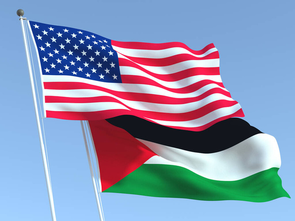 Dos banderas estatales ondeando de Estados Unidos y Palestina en el cielo azul. Fondo de negocio de alta calidad. ilustración 3d - Foto, imagen