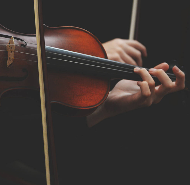 Close up of violin with bow in hands - Playing violin concept - Photo, image