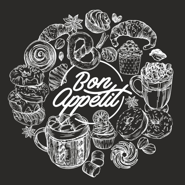 Vector illustration. Line drawing style. Delicious pastries, croissants, cookies, donuts, muffins, hot coffee and mulled wine. Images for menus and banners. Postcards Bon appetit. - Wektor, obraz