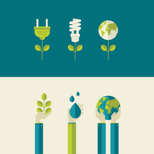 Conjunto de conceitos de ilustração vetorial de design plano para energia verde e salvar o planeta, a água e a natureza. Conceitos para banners web e materiais impressos
. - Vetor, Imagem