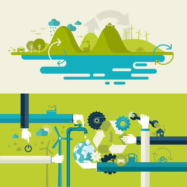 エコロジー、リサイクル、グリーン技術のフラットなデザイン ベクトル イラスト概念のセットです。ウェブのバナーや印刷物のための概念. - ベクター画像