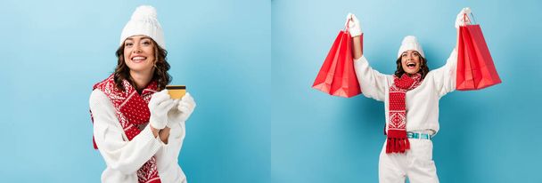 kolaż szczęśliwy młoda kobieta w stroju zimowym gospodarstwa czerwone torby na zakupy i karta kredytowa na niebiesko - Zdjęcie, obraz