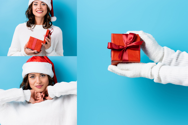 collage of young brunette woman in santa hat and gloves holding gift on blue - Foto, Bild