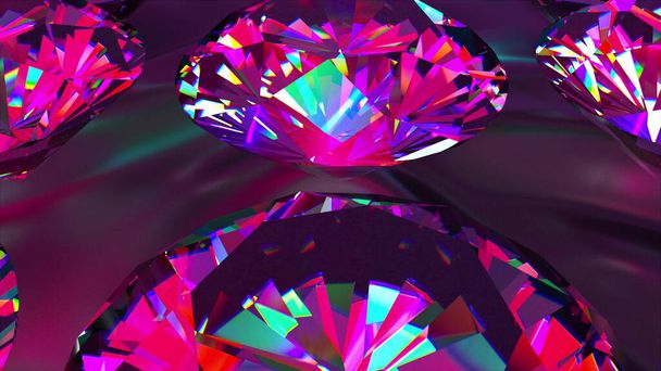 Jiskřivé iridézové diamanty elegantního kulatého střihu, pomalu se otáčející. Počítač generoval 3D vykreslení. Krásné pozadí - Fotografie, Obrázek