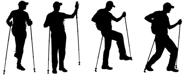 Vector silhouettes of people with trekking stick. - Vector, Image