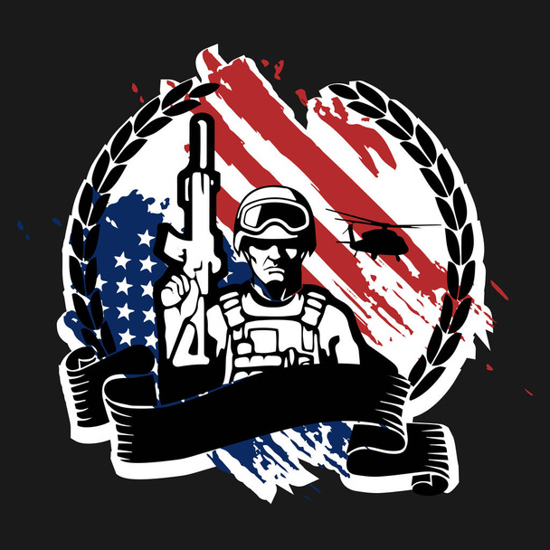 Солдат с оружием на фоне флага Америки, векторная иллюстрация - Вектор,изображение