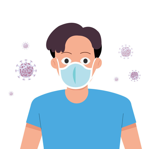 Man wearing protect mask and virus covid-19 background.Vector illustration.Blue shirt young man wearing N95 mask to protect Coronavirus - Vector, Image