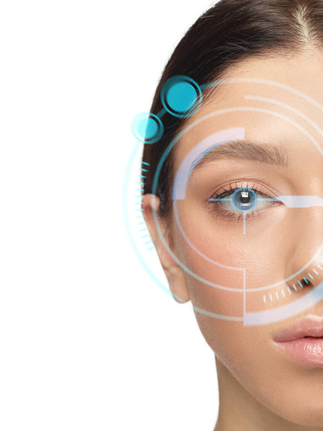 Future woman with cyber technology eye panel, cyberspace interface, ophthalmology concept - Photo, image