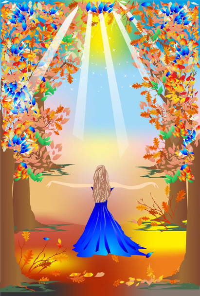  compositie met een meisje dat door een kleurrijk herfstbos wandelt - Vector, afbeelding