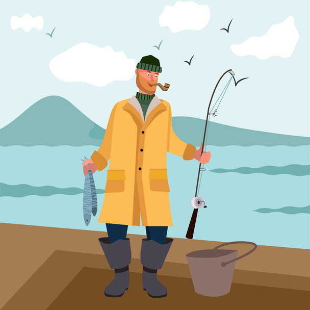 Ícones planos do pescador. Pescador segurando vara de pesca com peixes capturados. Ilustração vetorial sobre fundo branco. Equipamento de pesca, lazer e hobby captura peixe ilustração - Vetor, Imagem