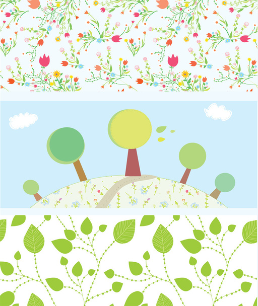 Spring banners with flowers, trees, leaves, patterns - Vetor, Imagem