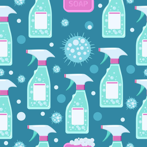Coronavirus protection and disinfection. Seamless pattern with antiseptics, and soap. Virus prevention background. Vector illustration for banner, poster. - Vector, Image