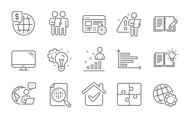Web timer, Feedback and Survey line icons set. Computer, Globe and Idea gear signs. Product knowledge, Analytics chart and Horizontal chart symbols. Puzzle, World money and Stats. Vector - Vektor, Bild