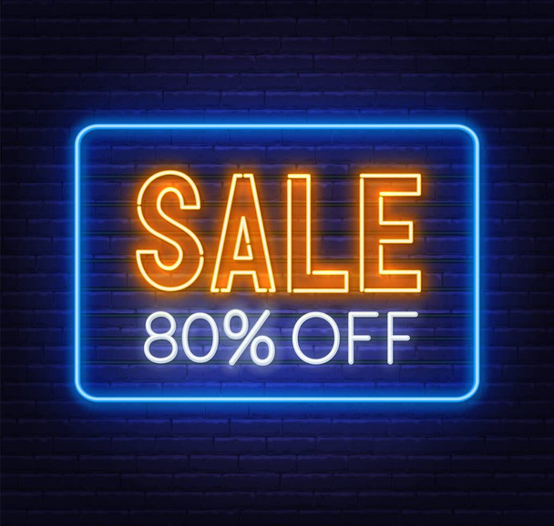 Sale 80 percent off neon sign on brick wall background. - Vector, Image
