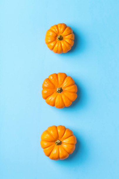 Autumn fall thanksgiving day composition with decorative orange pumpkins and dried leaves. Flat lay, top view, copy space, still life background for greeting card - Photo, Image