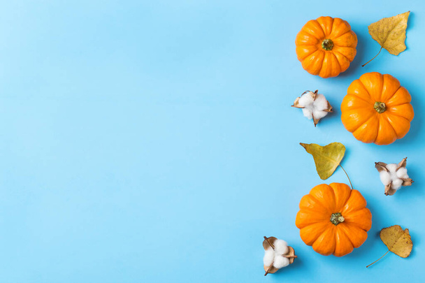 Autumn fall thanksgiving day composition with decorative orange pumpkins and dried leaves. Flat lay, top view, copy space, still life background for greeting card - Photo, Image