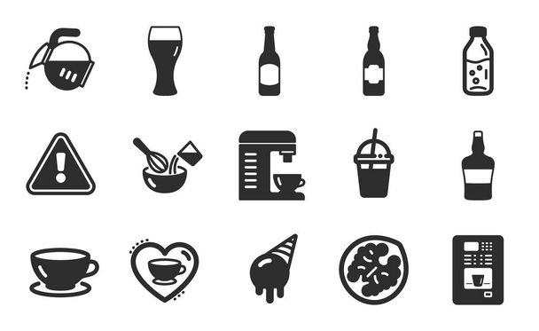 Beer glass, Coffee cocktail and Beer icons simple set. Ice cream, Coffee vending and Walnut signs. Espresso, Scotch bottle and Cooking whisk symbols. Water bottle. Flat icons set. Vector - Вектор, зображення