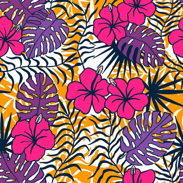 Naadloos patroon van tropische planten, hibiscus bloemen. Voorraadillustratie vector eps10. - Vector, afbeelding