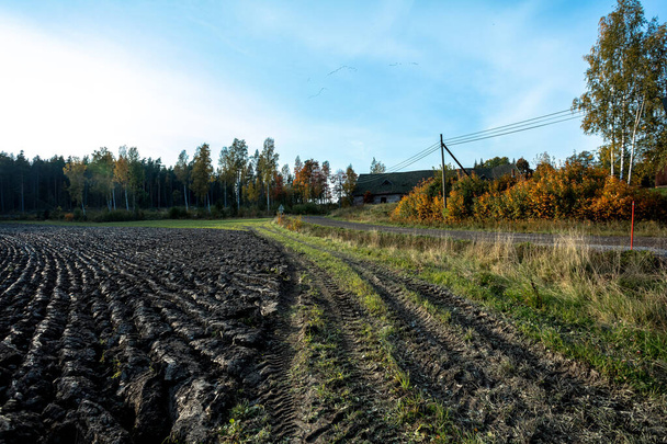 Vidéki táj, szántott mező ősszel. Finnország. - Fotó, kép
