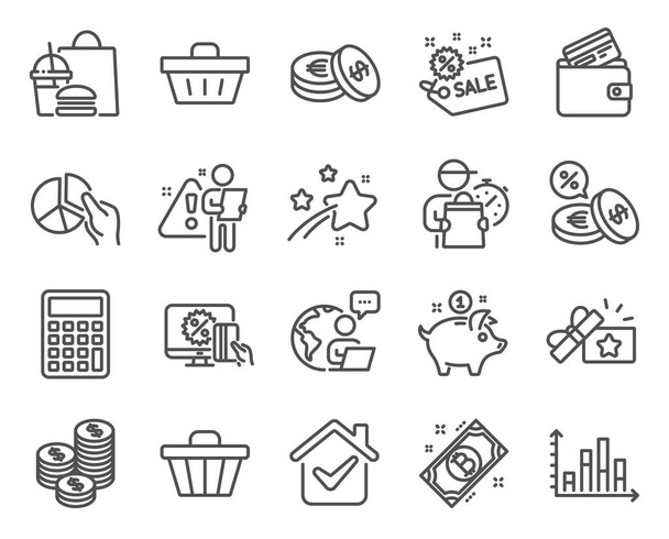 Finance icons set. Included icon as Online shopping, Bitcoin, Coins signs. Shopping basket, Sale, Savings symbols. Debit card, Shop cart, Diagram graph. Loyalty gift, Currency exchange. Vector - Vettoriali, immagini