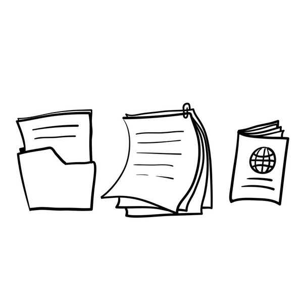 Conjunto simples de documentos relacionados Ícones de linha vetorial com vetor de estilo doodle desenhado à mão isolado - Vetor, Imagem
