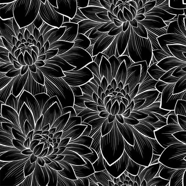 schöner nahtloser Hintergrund mit monochromen schwarzen und weißen Blumen - Vektor, Bild
