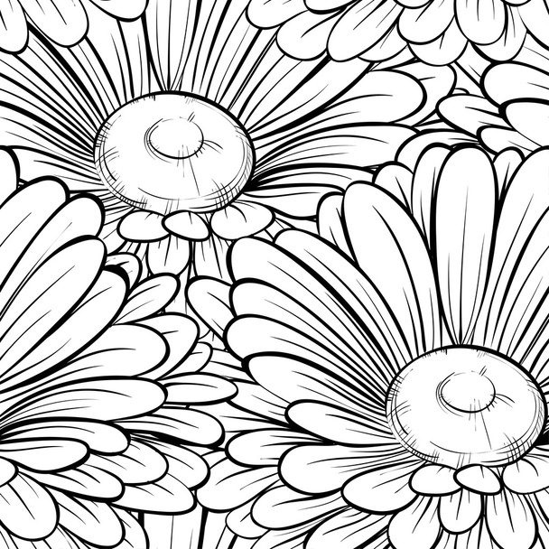 Beautiful seamless background with monochrome black and white flowers. Hand-drawn contour lines and strokes. - Vector, Image