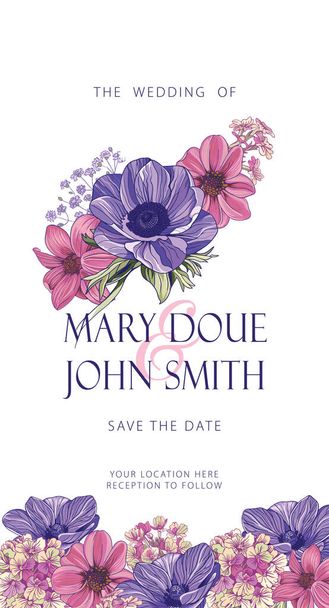 Πρόσκληση γάμου πρότυπο μπουκέτο με μοβ και ροζ λουλούδια σε λευκό φόντο - Διάνυσμα, εικόνα