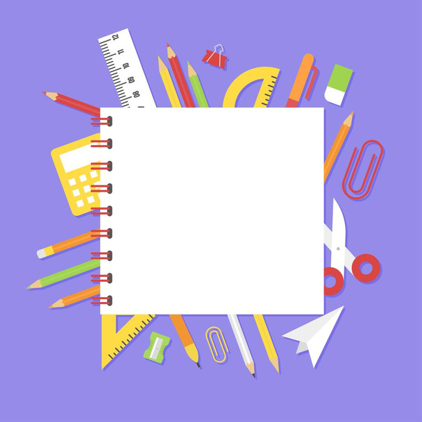 Tekening papier met schoolbenodigdheden voor poster template, vector illustratie - Vector, afbeelding