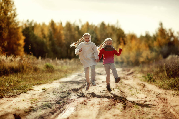 Dos hermanas en suéteres cálidos se abrazan y corren por el sendero en el bosque de otoño. - Foto, imagen