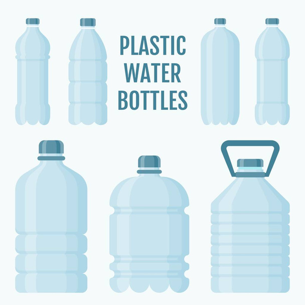 пляшки, пов'язані з питною водою або пластиковими пляшками для багаторазового використання з кришками Векторні ілюстрації в плоскому дизайні
 - Вектор, зображення