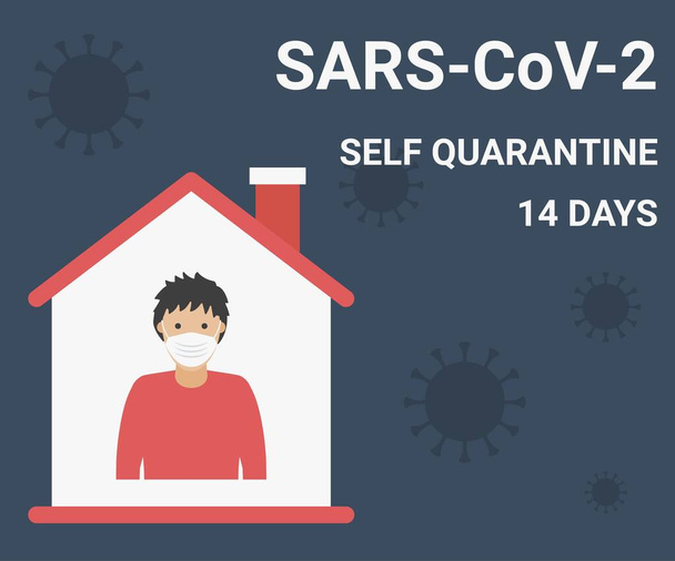 coronavirus pandemic covid-19 related boy or character wearing face mask  with home and self quarantine at home for fourteen days for safe us with viruses background vector illustration in flat style - Vector, Image