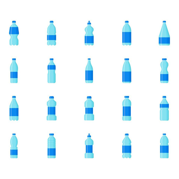 botellas relacionadas con botellas de agua de plástico con tapas y etiquetas vector en estilo plano - Vector, Imagen