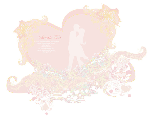 Floral greeting card with silhouette of romantic couple - Διάνυσμα, εικόνα