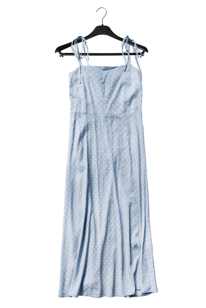 Blue flared silk sundress on black clothes rack isolated over white - Foto, immagini