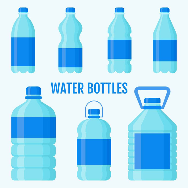 bottiglie relative bottiglie d'acqua in plastica di grandi e piccole dimensioni con tappi e etichette vettori illustrazione in design piatto - Vettoriali, immagini