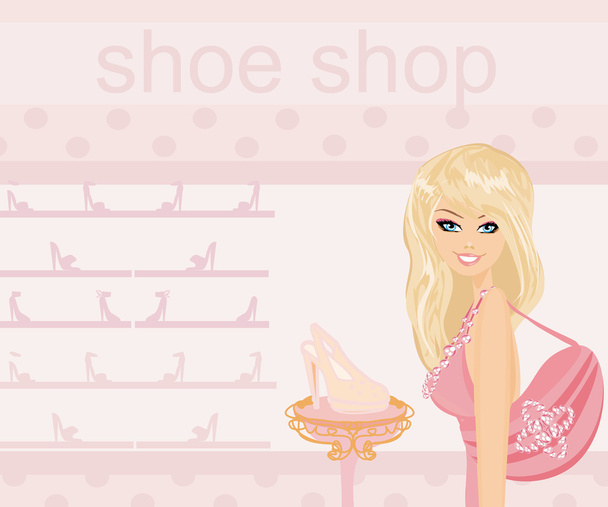 Fashion girl shopping in shoe shop - Vektor, kép