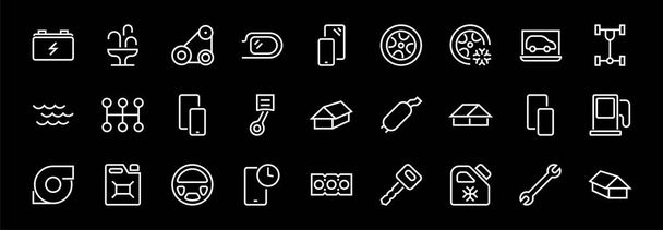 AUTO PARTS Zestaw ikon związanych z linią wektorową. Zawiera ikony, takie jak części, olej, diagnostyka, turbina, kierownica, klucz, podwozie, skrzynia biegów i wiele innych. Udar edytowalny - Wektor, obraz