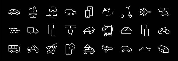 Conjunto de iconos de línea vectorial relacionados con el transporte público. Contiene iconos como autobús, bicicleta, maleta, coche, scooter, camión, transporte, trolebús, velero, barco de motor, avión y mucho más. Carrera editable. - Vector, imagen
