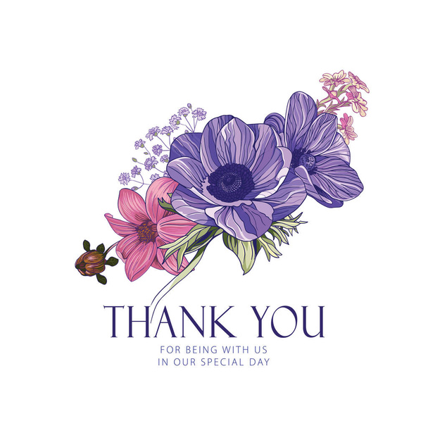 Carte avec fleurs roses et lilas et lettrage de remerciements sur fond blanc - Vecteur, image
