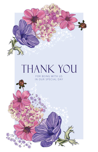 Открытка с розовыми и лиловыми цветами и благодарностью на светло-голубом фоне - Вектор,изображение
