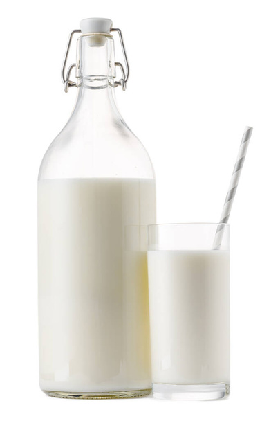 Glass bottle and cup of fresh milk isolated - Fotografie, Obrázek