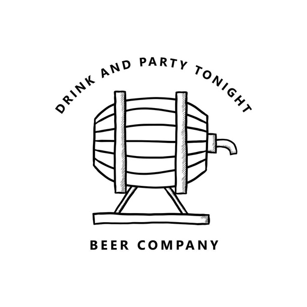 Bira Fıçısı Logo Vintage El Çekim Vektör Tasarımı. İçki ve Parti Alkol Sembol İllüstrasyonu - Vektör, Görsel