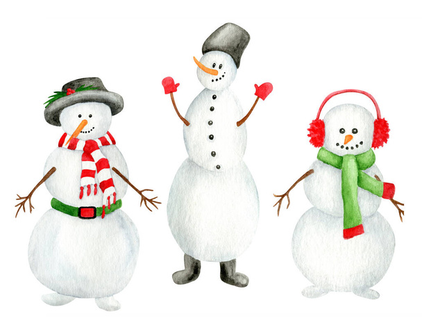 Roztomilé akvarel sněhuláci set. Ručně kreslené vánoční ilustrace se sněhulákem v klobouku, záře, sluchátka izolovaná na bílém pozadí. Zimní symbol pro novoroční pohled, pohlednice, tisk, dekorace - Fotografie, Obrázek