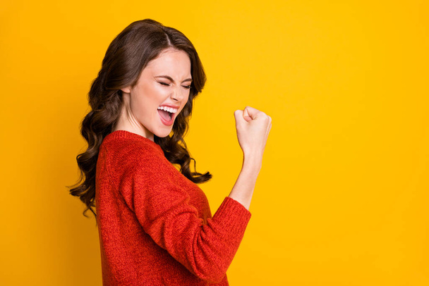 Profile side photo of crazy delighted motivated girl win lottery raise fists show muscles biceps triceps wear sweater isolated over bright color background - Fotoğraf, Görsel